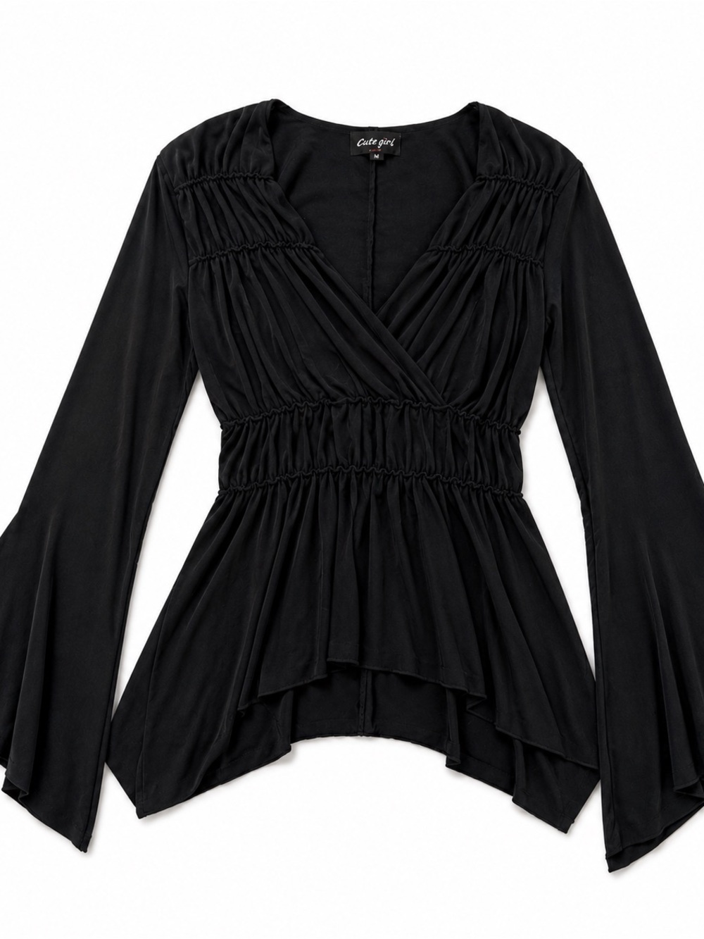 Black Smocked Waist V-Neck Long Sleeve Top